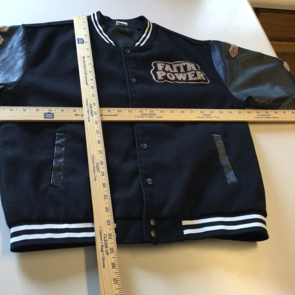 Faith Power Cross Varsity Jacket Med/LG Black Pleather Slashyouth